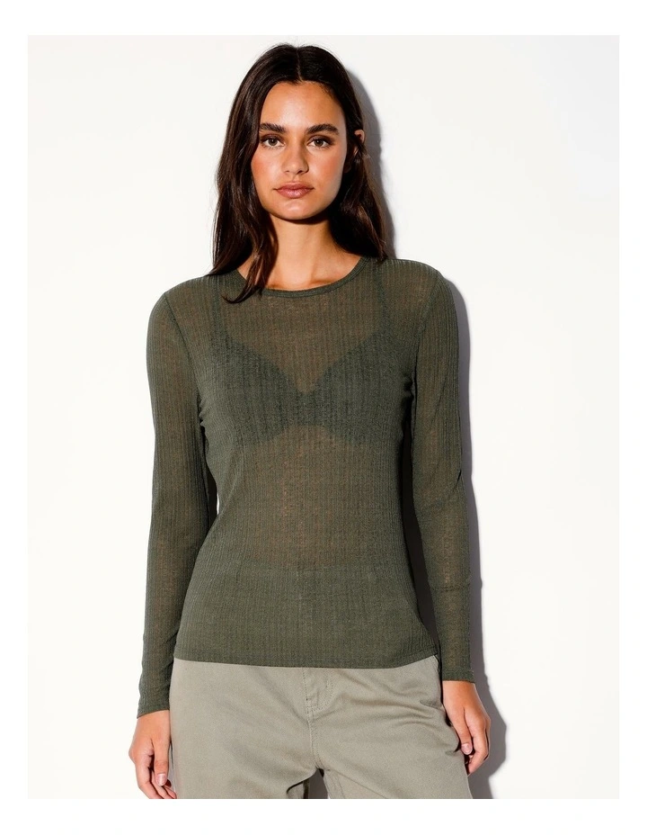 Long Sleeve Crew Neck Sheer Tee in Khaki image 4