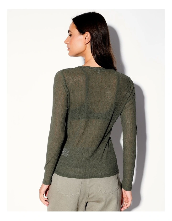 Long Sleeve Crew Neck Sheer Tee in Khaki image 5