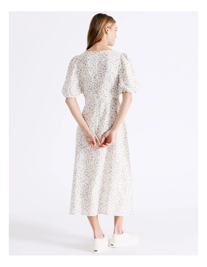 Miss Shop Linen Puff Sleeve Waist Detail Midi Dress in Assorted MYER