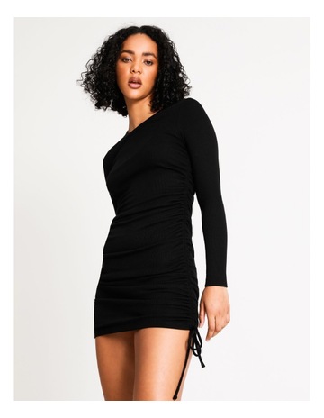 Long Sleeve Ruched Rib Mini Dress Black 