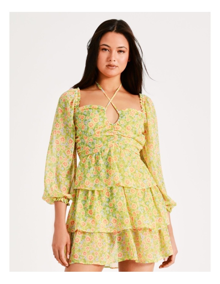 Tie Detail Ruched Printed Skater Dress in Green Floral