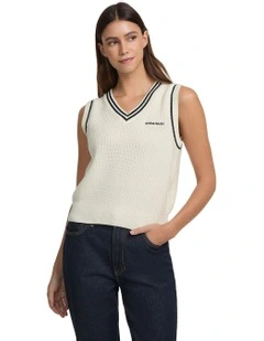 V-Neck Embroidered Vest Sweater in Cream