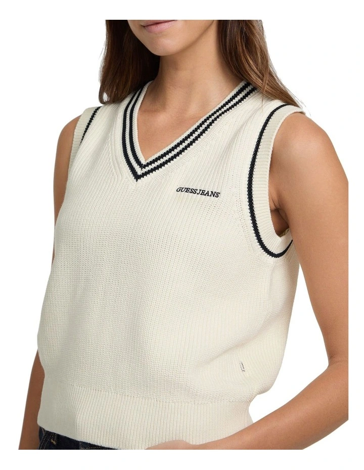 V-Neck Embroidered Vest Sweater in Cream image 2