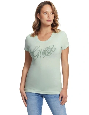Short Sleeve Round Neck Guess Script Tee in Misty Teal