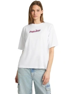Short Sleeve Crew Neck Oversized Curved Logo Tee in White