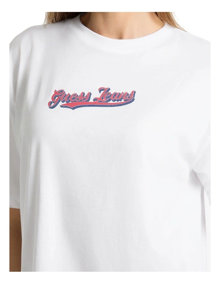 Short Sleeve Crew Neck Oversized Curved Logo Tee in White image 3