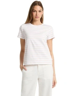 Short Sleeve Crew Neck Regular Yarn-dyed Striped Tee in Pink