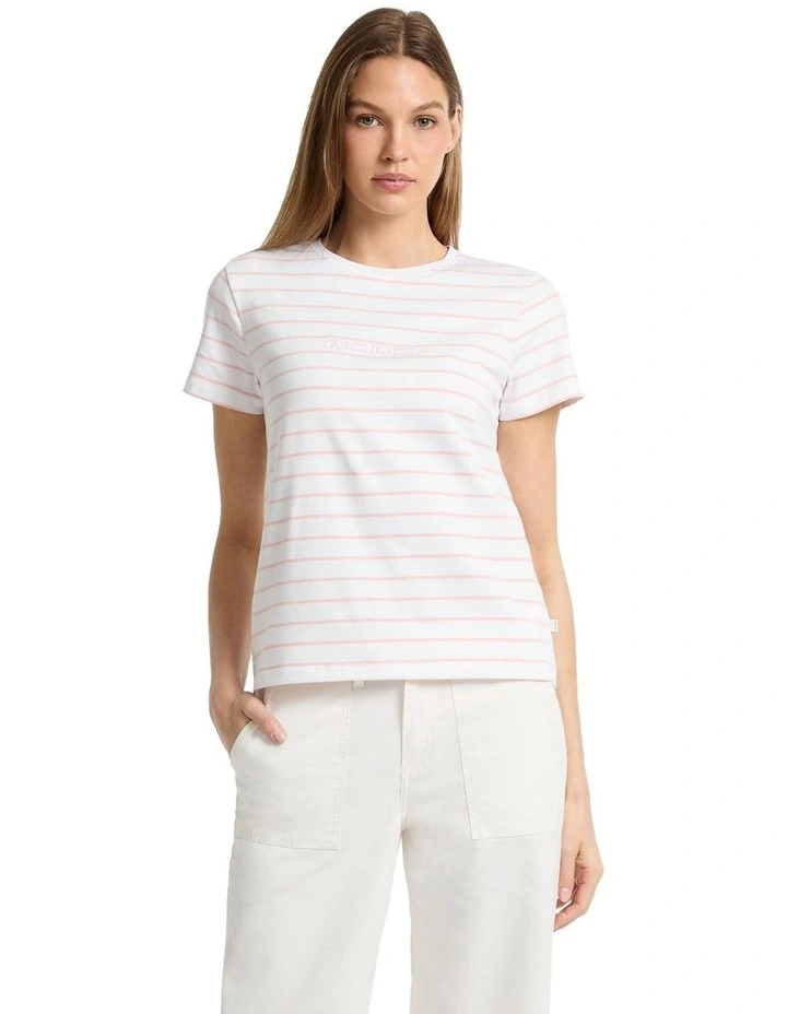 Short Sleeve Crew Neck Regular Yarn-dyed Striped Tee in Pink image 1