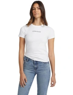 Short Sleeve Crew Neck Slim Logo Print Tee in White