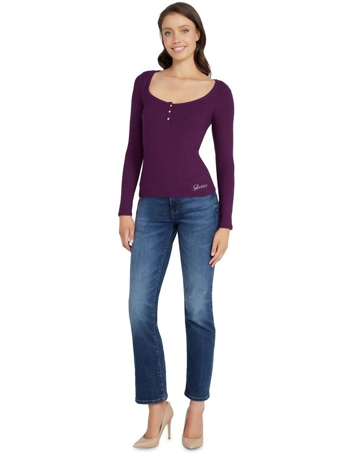 Guess Karlee Jewel Button Henley Long Sleeve Top
