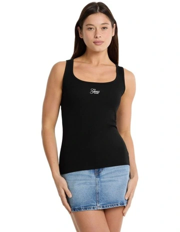 Slim Rib Embroided Tank Top in Black