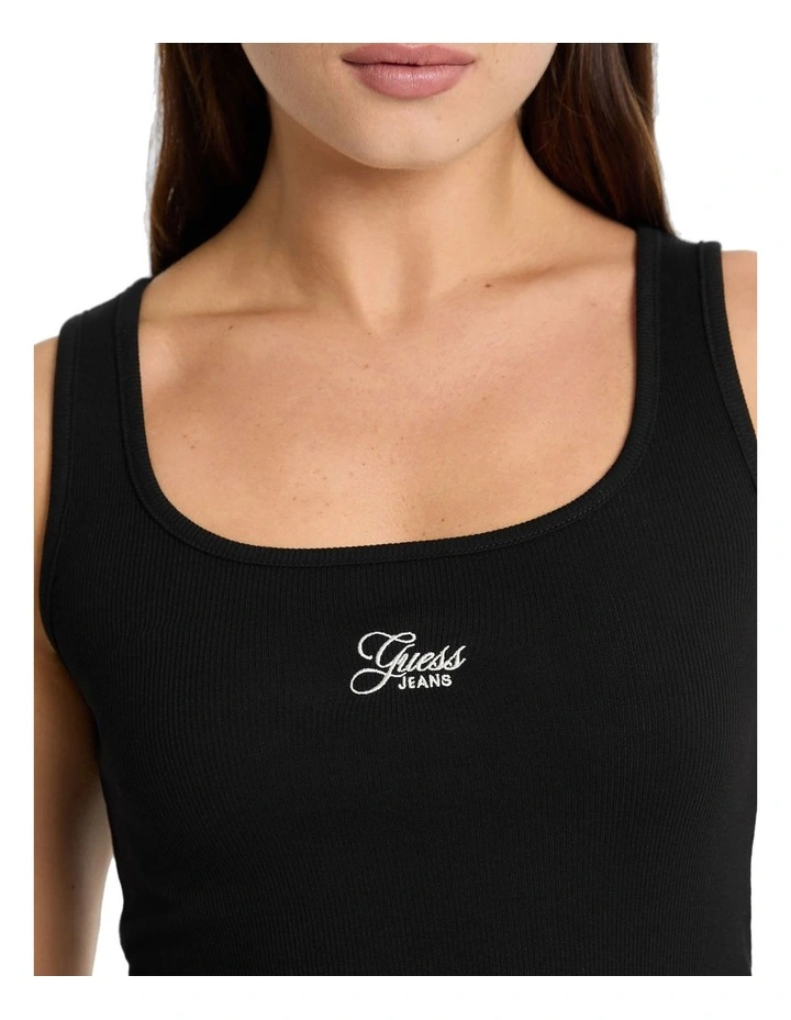 Slim Rib Embroided Tank Top in Black image 3