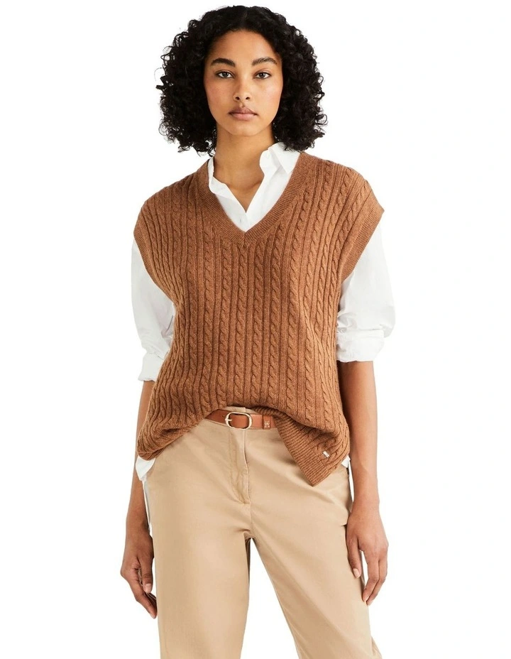 Soft Wool Cable Vest in Natural Cognac image 1