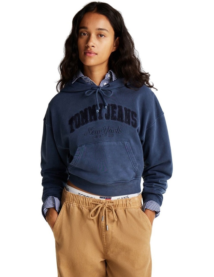 Boxy Garment-Dyed Cropped Hoodie in Navy image 1