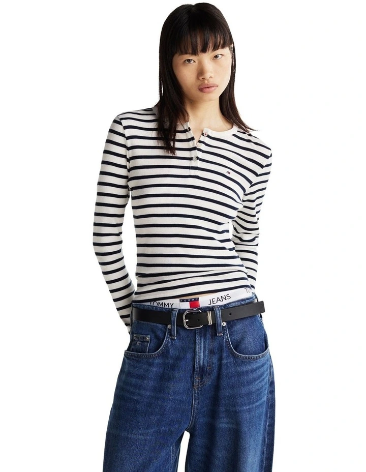 Ribbed Long Sleeve Slim T-shirt in Multi image 1
