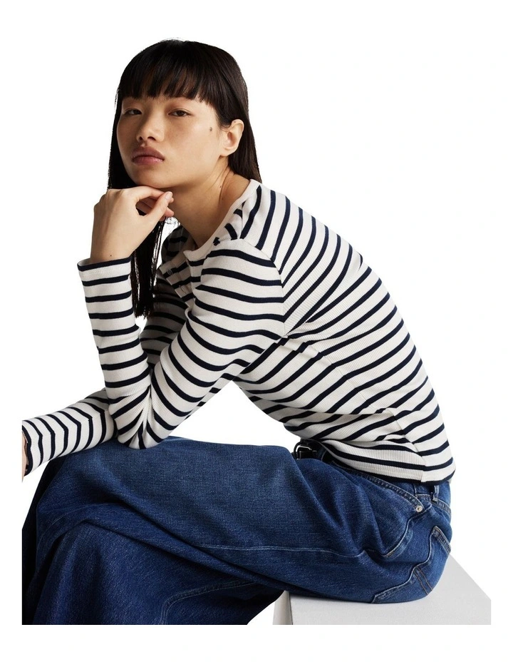 Ribbed Long Sleeve Slim T-shirt in Multi image 2