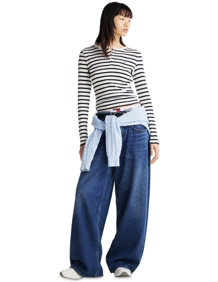 Ribbed Long Sleeve Slim T-shirt in Multi image 3