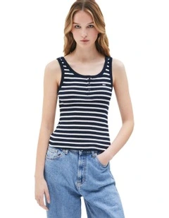 Ribbed Scoop Neck Slim Tank Top in Navy Stripe
