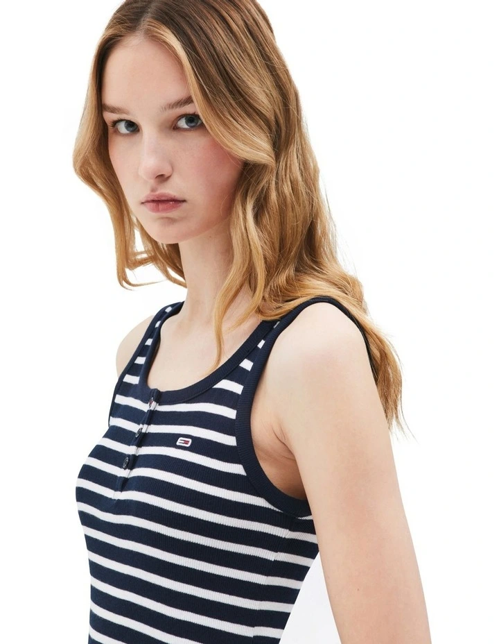 Ribbed Scoop Neck Slim Tank Top in Navy Stripe image 2