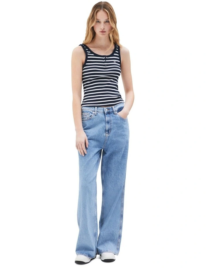 Ribbed Scoop Neck Slim Tank Top in Navy Stripe image 3