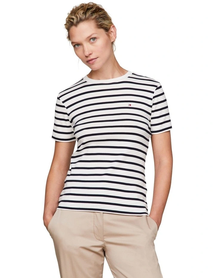 New Slim Cody Crew Neck Short Sleeves T-Shirt in Breton Ecru/Desert image 3