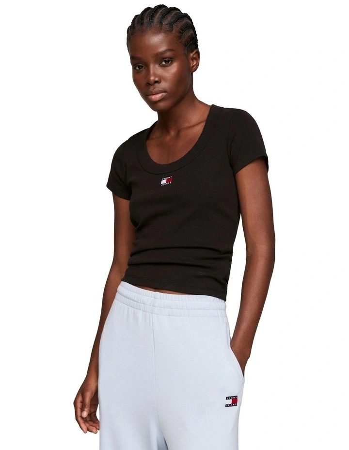 Badge Slim Fit Ribbed T-Shirt in Black image 1