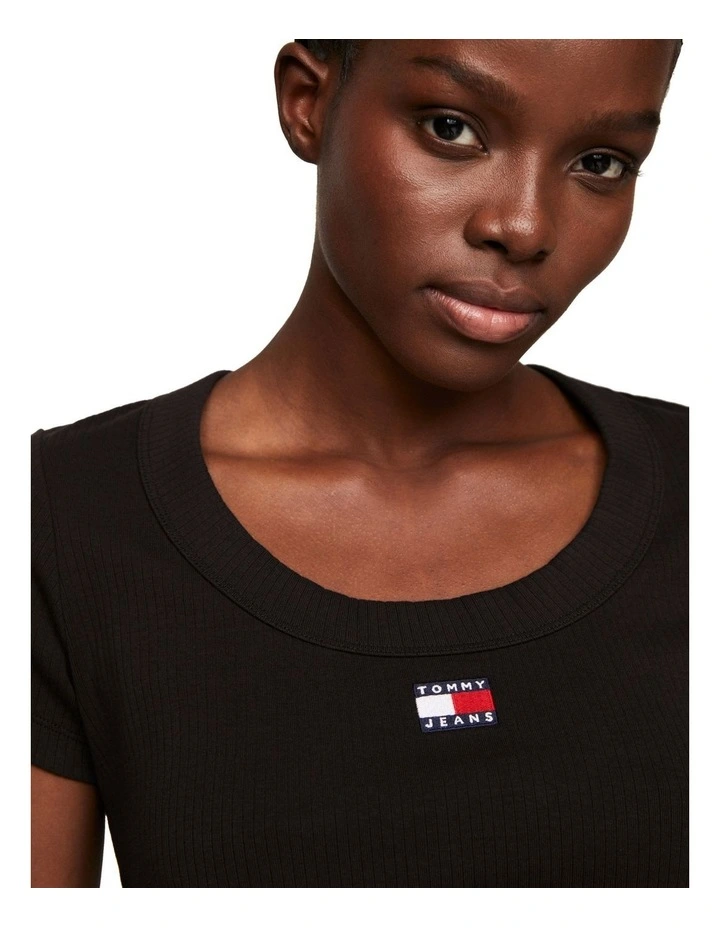 Badge Slim Fit Ribbed T-Shirt in Black image 4