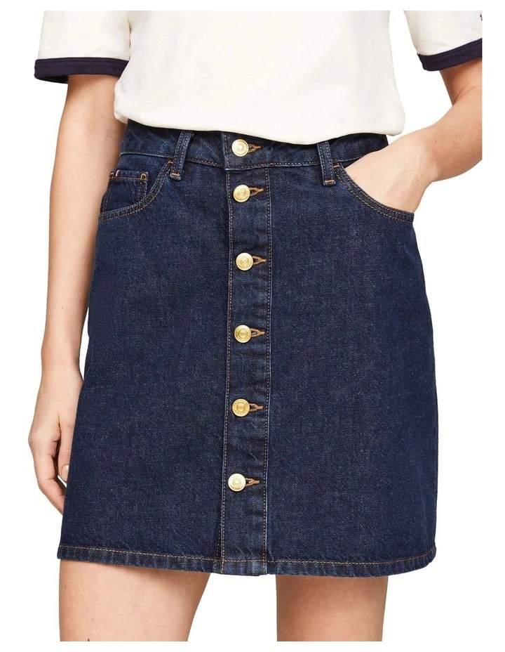 High Rise Button-Thru Denim Mini Skirt in Blue image 1