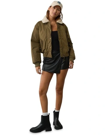 Oversized Sherpa Collar Bomber Jacket in Olive