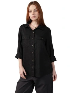 Weekend Vibes Linen-Blend Long-Sleeve Button-Up Shirt in Black