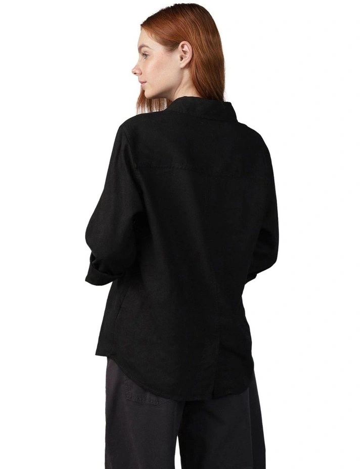 Weekend Vibes Linen-Blend Long-Sleeve Button-Up Shirt in Black image 2