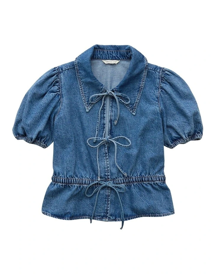 Denim Collared Puff Sleeve Tie Front Shirt in Medium Wash image 3