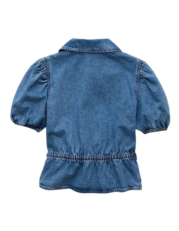 Denim Collared Puff Sleeve Tie Front Shirt in Medium Wash image 4