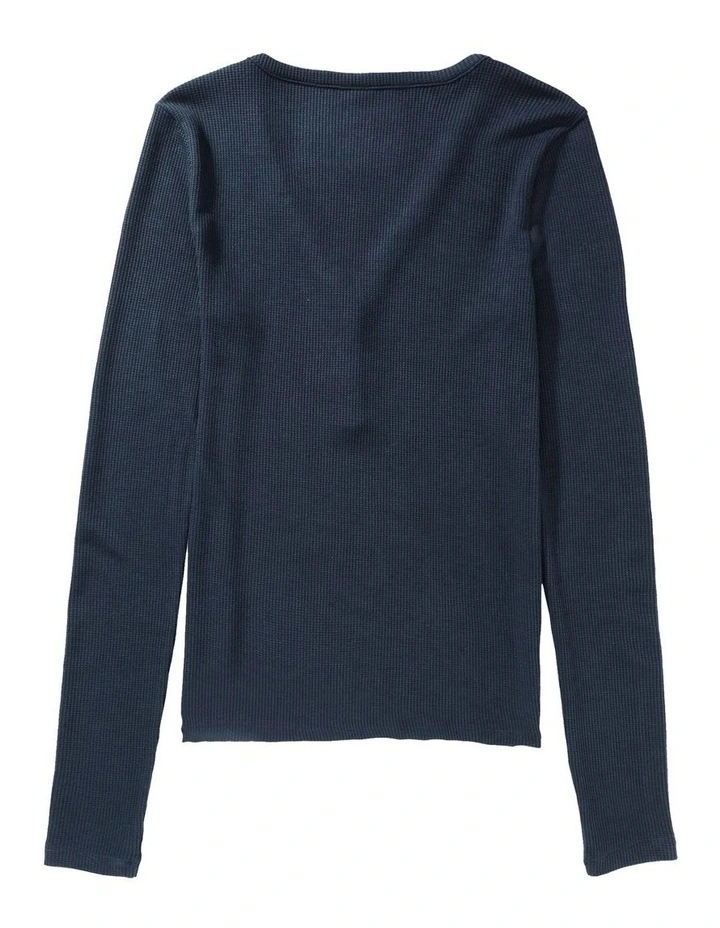 Waffle Long-Sleeve Henley Tee in Navy image 4
