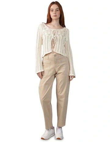 Long-Sleeve Open Knit Flyaway Cardigan in Cream