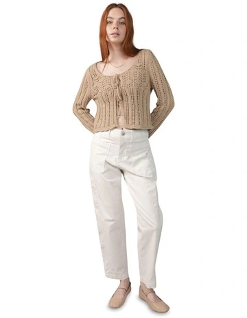 Long-Sleeve Open Knit Flyaway Cardigan in Khaki