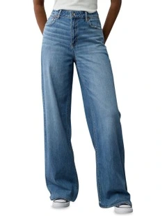 Dreamy Drape Stretch Super High-Waisted Baggy Wide-Leg Jeans in Medium Bright Indigo