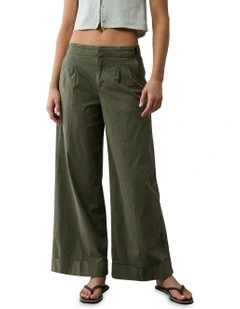 High-Waisted Poplin Pull-On Pant in Olive Moss