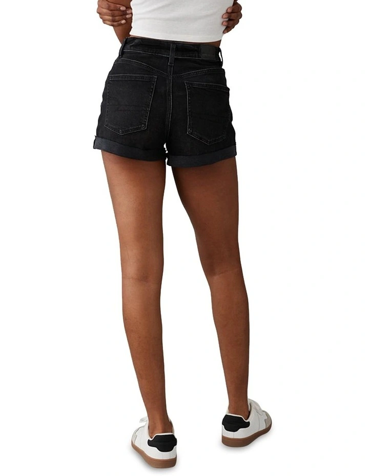 Stretch Denim Mom Short in Black image 2