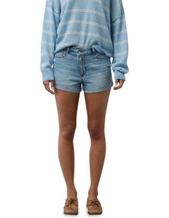 Stretch Ripped Denim Mom Short in Indigo