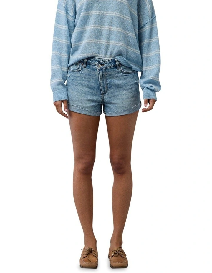 Stretch Ripped Denim Mom Short in Indigo image 1