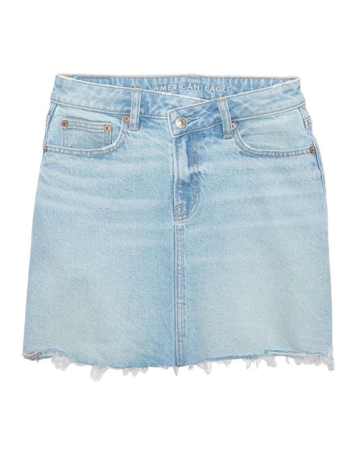 Stretch Crossover High-Waisted Perfect Denim Mini Skirt in Light Wash image 3