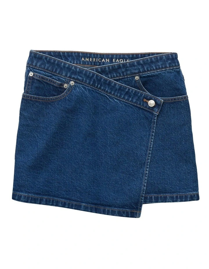 Stretch Crossover Denim Mini Skirt in Blue image 3