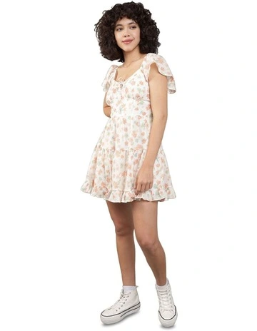 Flutter Sleeve Floral Babydoll Mini Dress in Cream