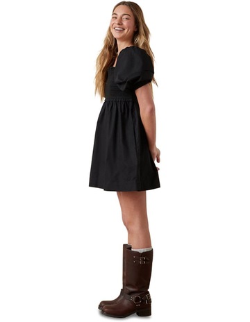 Puff Sleeve Babydoll Mini Dress in Black