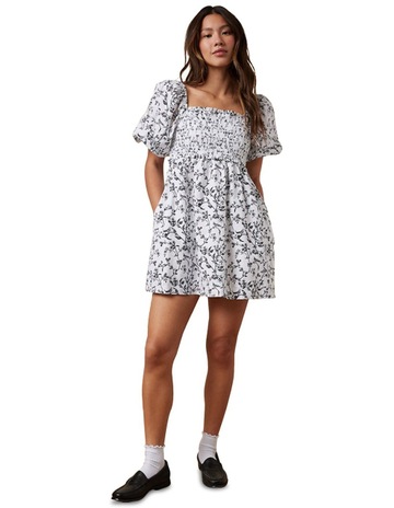 Puff Sleeve Babydoll Mini Dress in Ivory