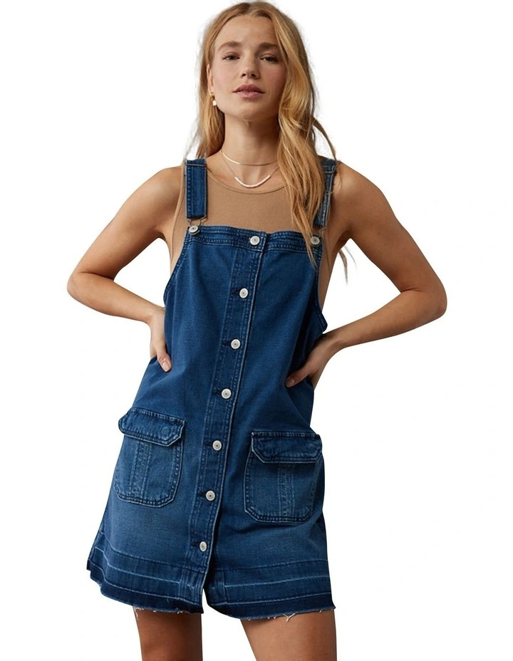 Denim Button-Up Pinafore Dress in Blue image 1