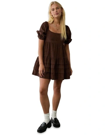 Corduroy Puff Sleeve Babydoll Mini Dress in Brown