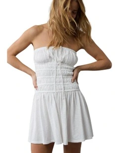 Sunchaser Knit Strapless Smocked Bodice Mini Dress in Cream
