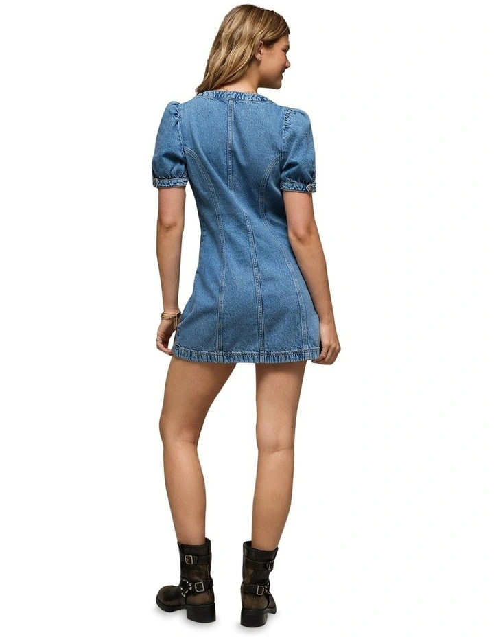 Puff Sleeve Denim Shift Dress in Medium Wash image 2